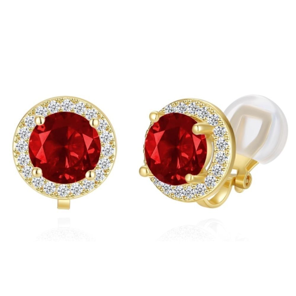 Yellow Gold with Ruby Red and Diamond Cubic Zirconia Round Stud Clip On Earrings